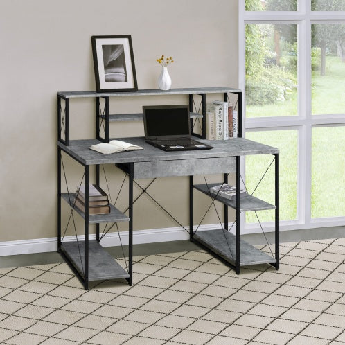Black Office Desk with Hutch and Open Shelves – 47.5” Writing Desk with Drawer, Sled Base, and Storage Compartments for Home or Studio Use