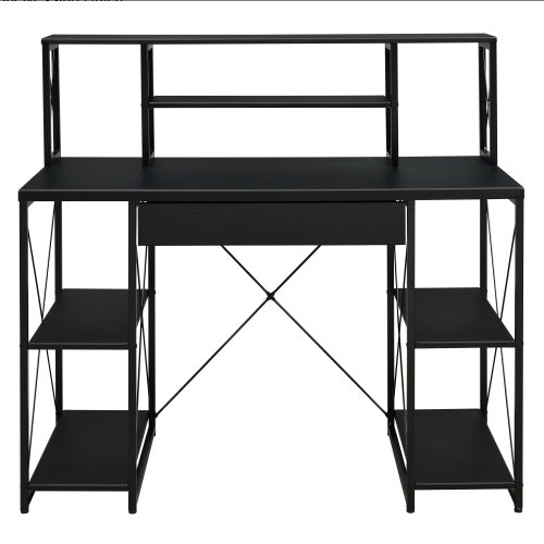 Black Office Desk with Hutch and Open Shelves – 47.5” Writing Desk with Drawer, Sled Base, and Storage Compartments for Home or Studio Use