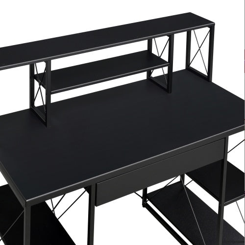 Black Office Desk with Hutch and Open Shelves – 47.5” Writing Desk with Drawer, Sled Base, and Storage Compartments for Home or Studio Use