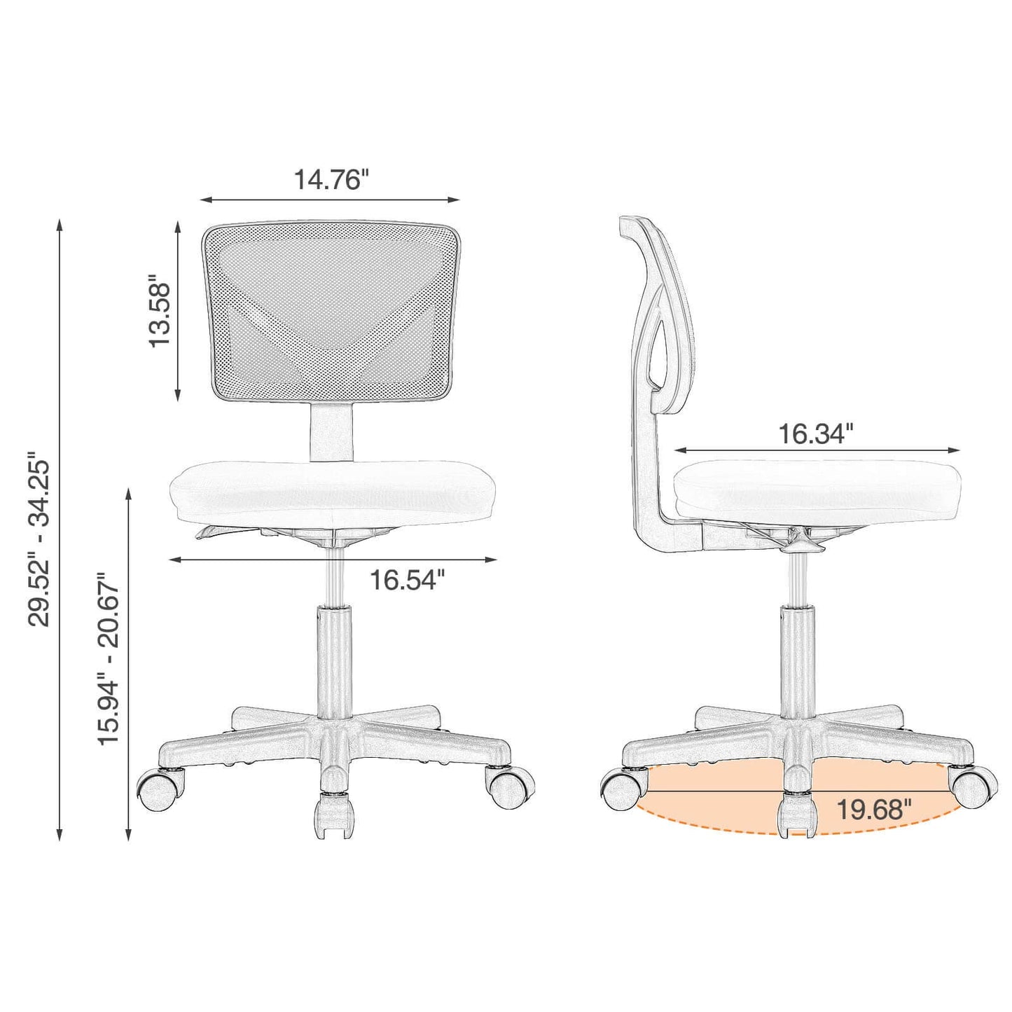 Low Back Mesh Armless Office Chair – Ergonomic, Adjustable, Space-Saving Desk Chair for Home or Study in Multiple Colors