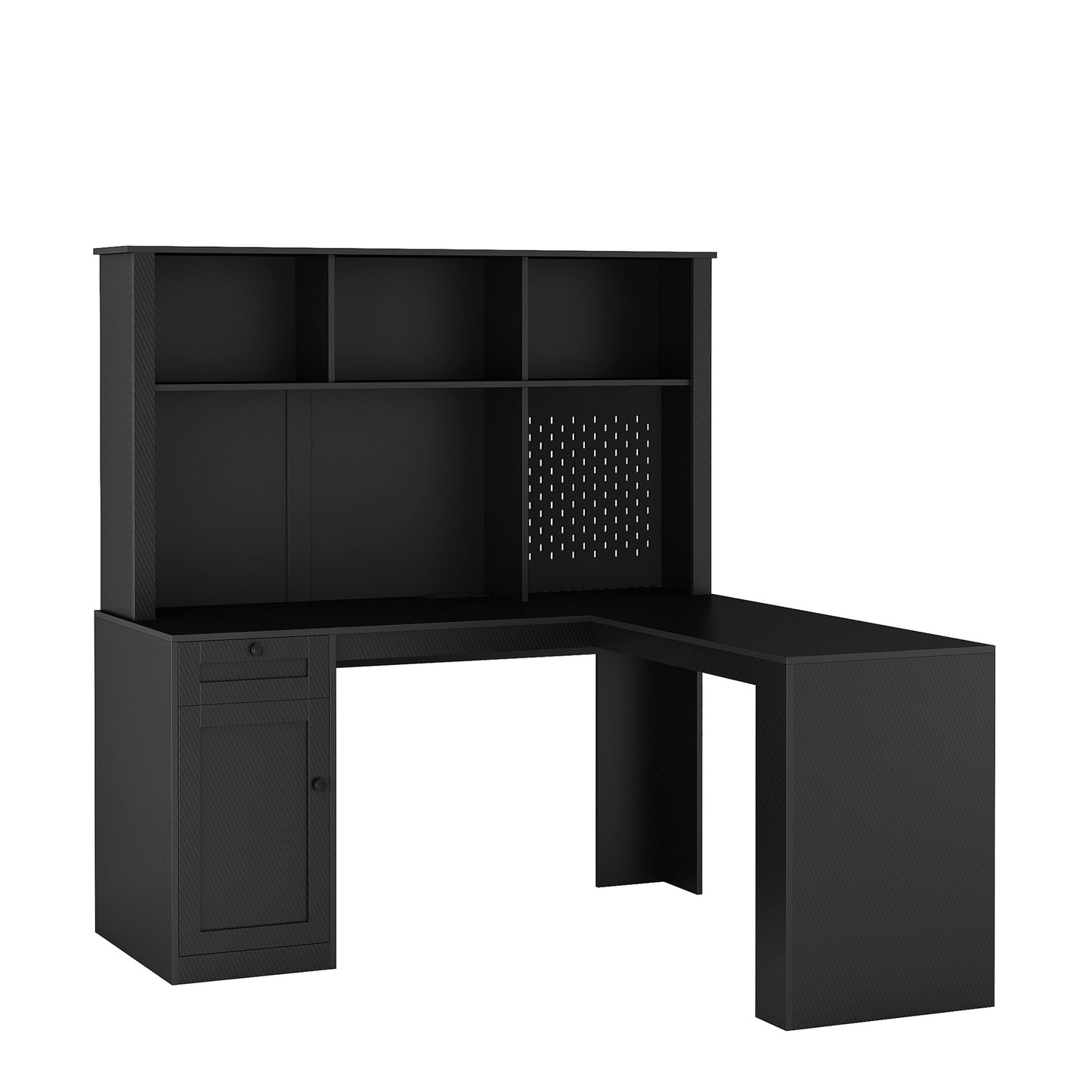 L-Shaped Desk with Charger, Computer Desk with Drawers & Bookshelf – Modern Corner Desk, Home Office Study Table, Carbon Fiber Gaming Desk with Storage, Black