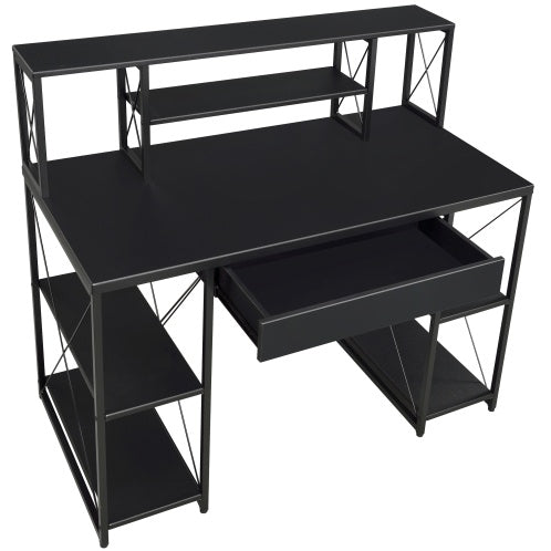 Black Office Desk with Hutch and Open Shelves – 47.5” Writing Desk with Drawer, Sled Base, and Storage Compartments for Home or Studio Use