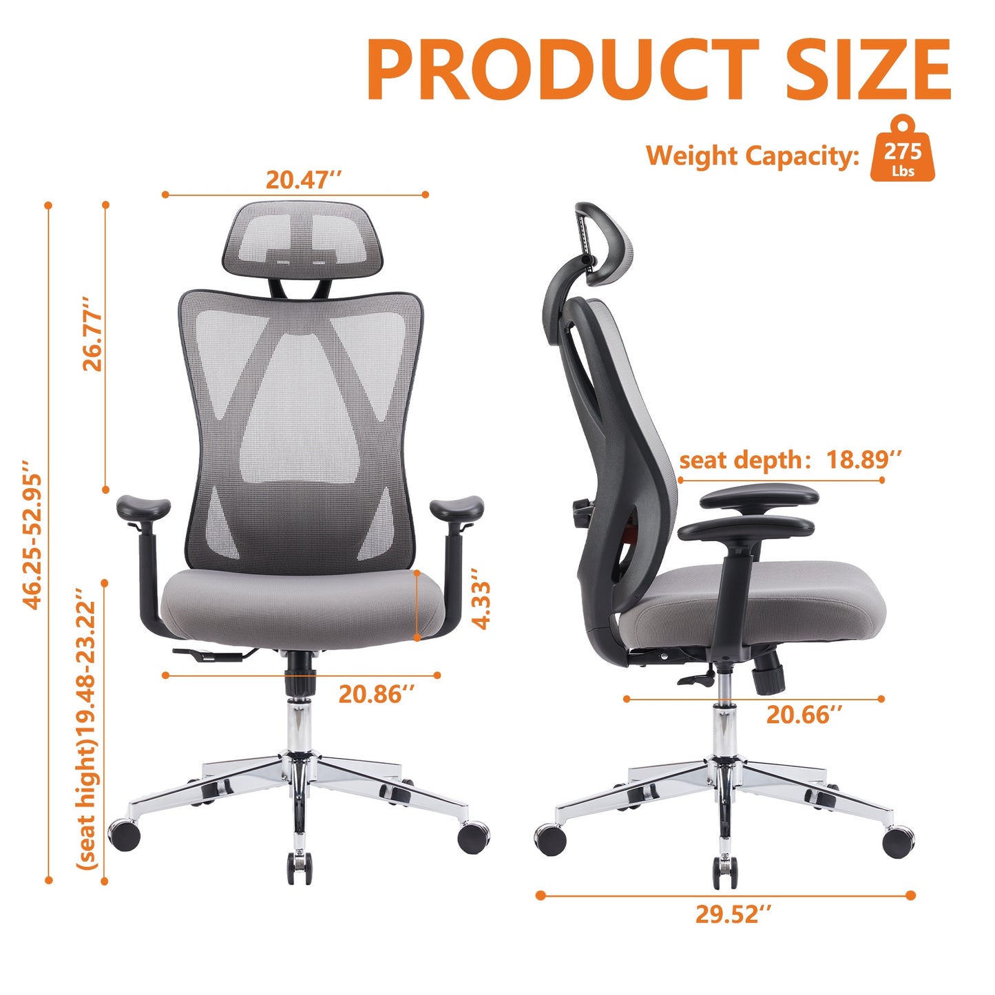 Ergonomic Office Chair – Adjustable Mesh High-Back Chair with 45° Reversible Headrest, Lumbar Support Pillow, Breathable Cushion, and 330lb Capacity