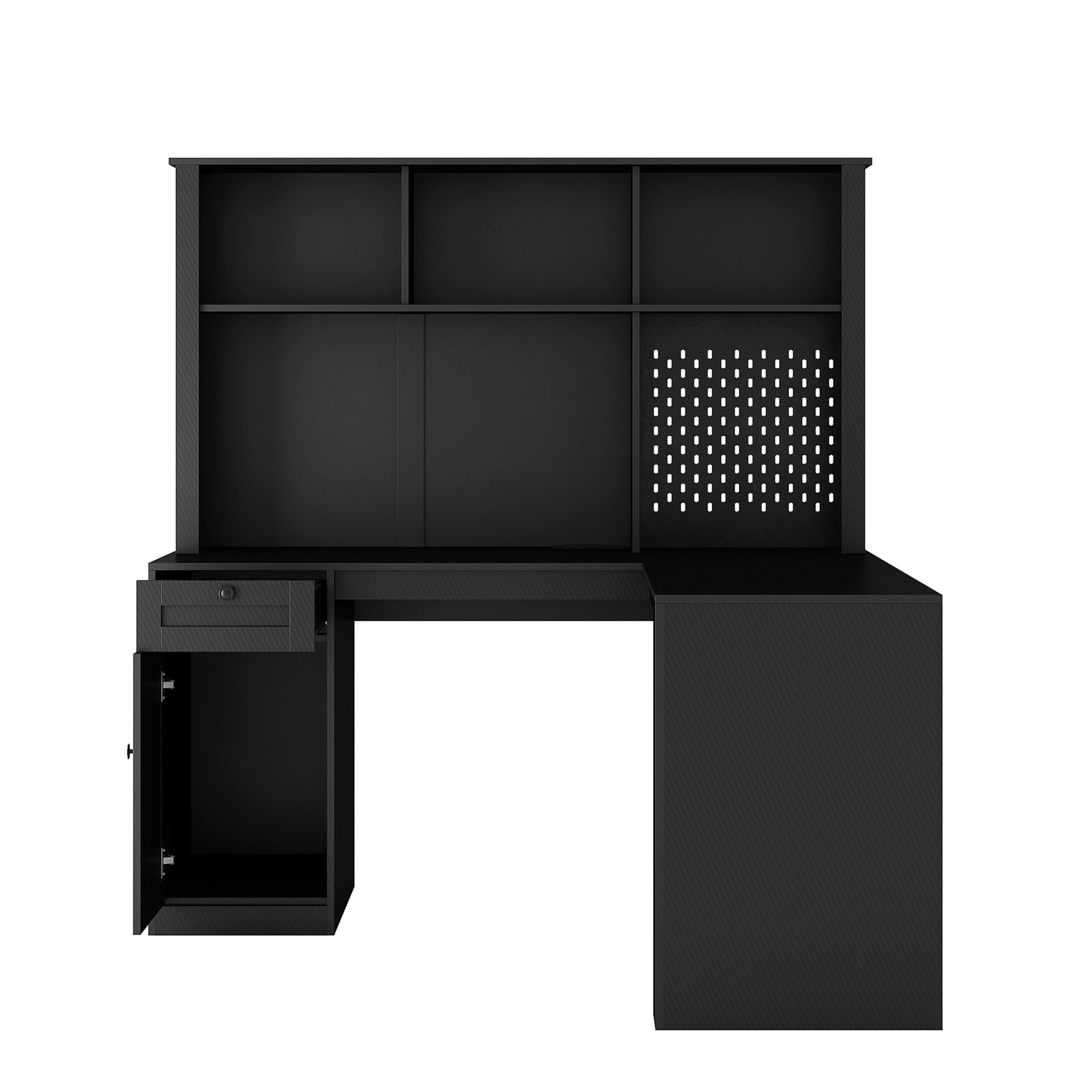 L-Shaped Desk with Charger, Computer Desk with Drawers & Bookshelf – Modern Corner Desk, Home Office Study Table, Carbon Fiber Gaming Desk with Storage, Black