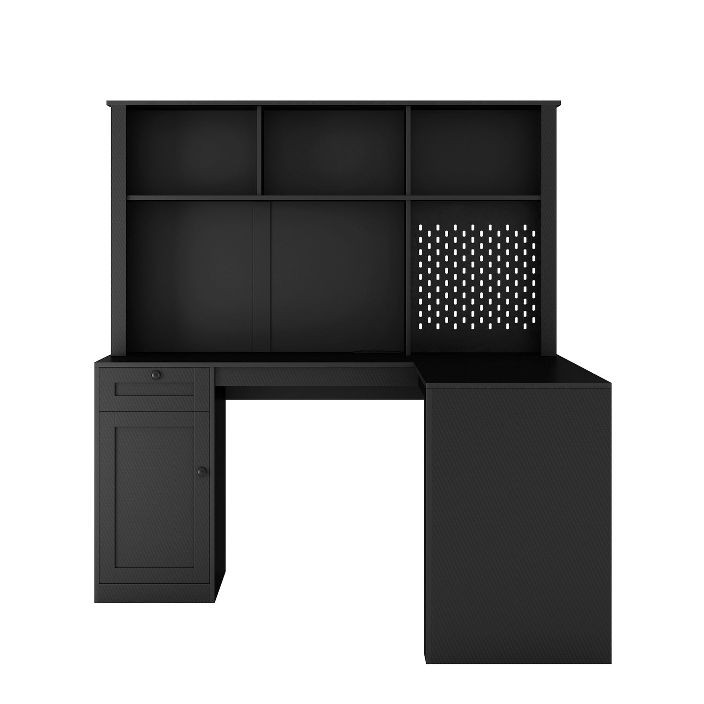 L-Shaped Desk with Charger, Computer Desk with Drawers & Bookshelf – Modern Corner Desk, Home Office Study Table, Carbon Fiber Gaming Desk with Storage, Black