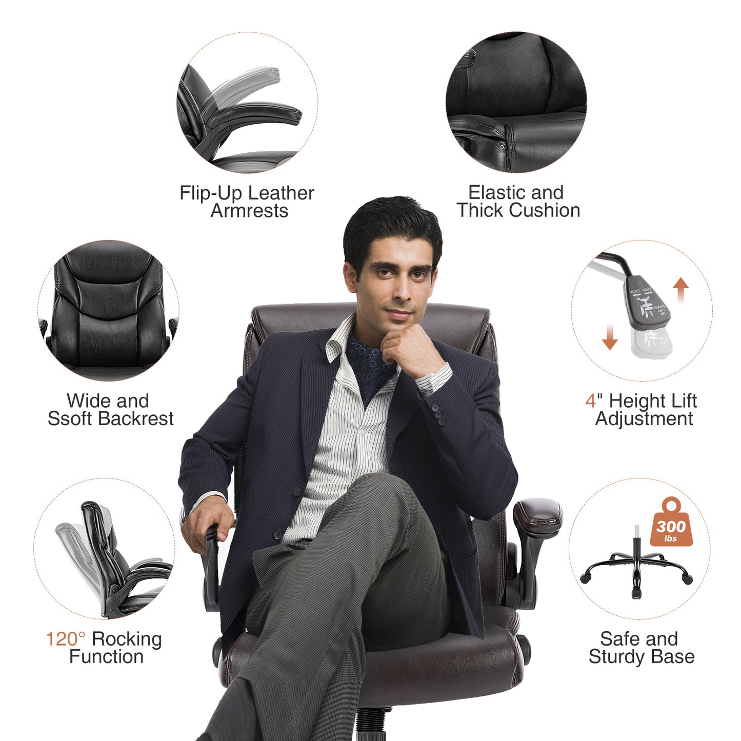 Leather Office Chair – Ergonomic High-Back Executive Chair with Flip-Up Armrests, Waterproof PU Upholstery, and 360° Rotating Wheels, Perfect for Home or Office
