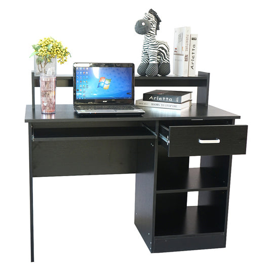 Modern E1 15MM Chipboard Computer Desk – One Drawer, Two Tiers with Keyboard Rack, Spacious Storage, Pure White/Black Finish for Study & Work