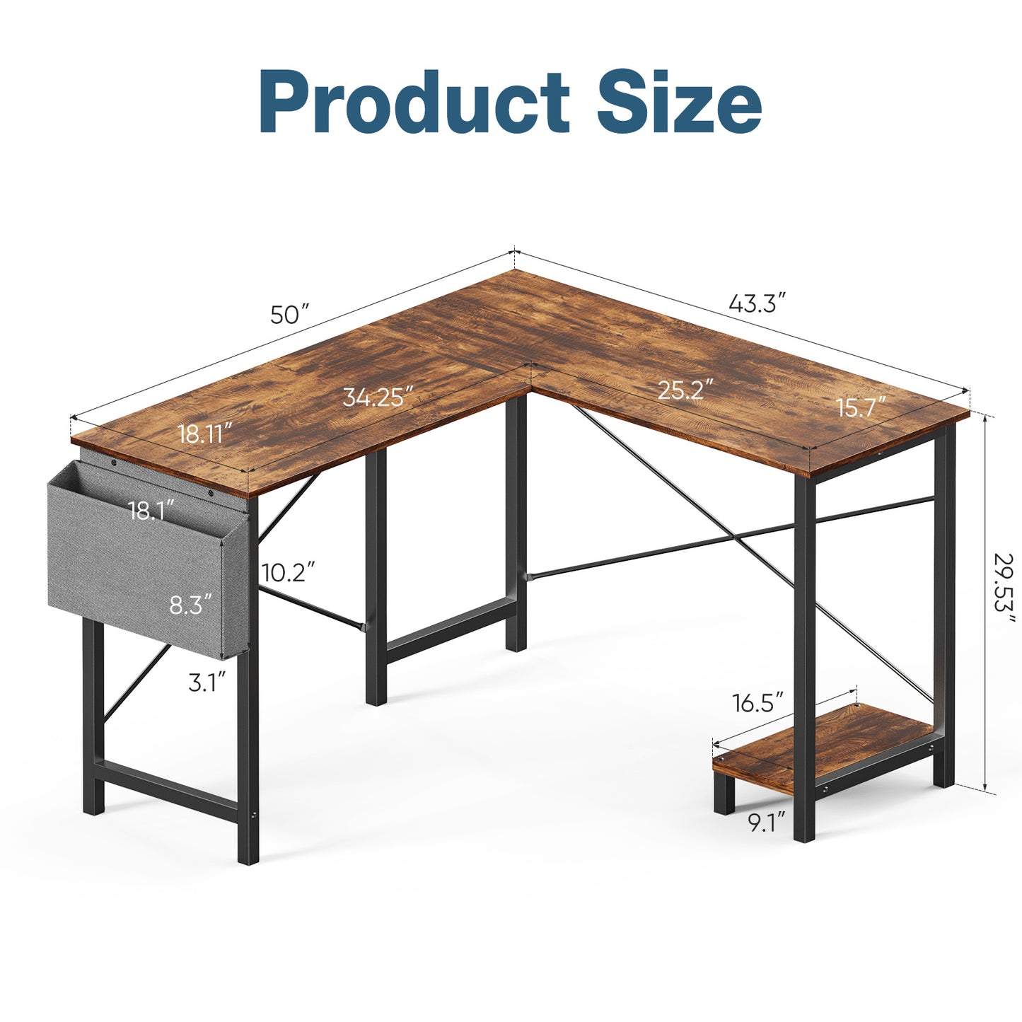 L-Shaped Computer Desk – 49 Inch Corner Desk with Metal Frame, Wooden Desktop, Storage & Side Pocket, Available in Black, Rustic, Grey, and White