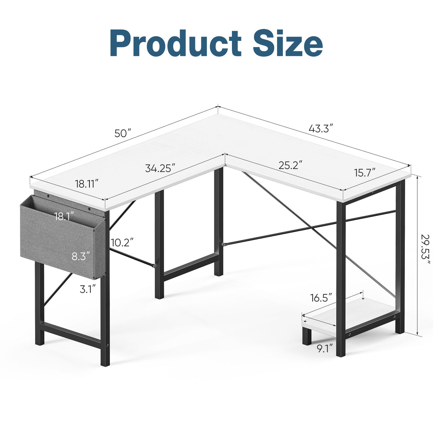 L-Shaped Computer Desk – 49 Inch Corner Desk with Metal Frame, Wooden Desktop, Storage & Side Pocket, Available in Black, Rustic, Grey, and White