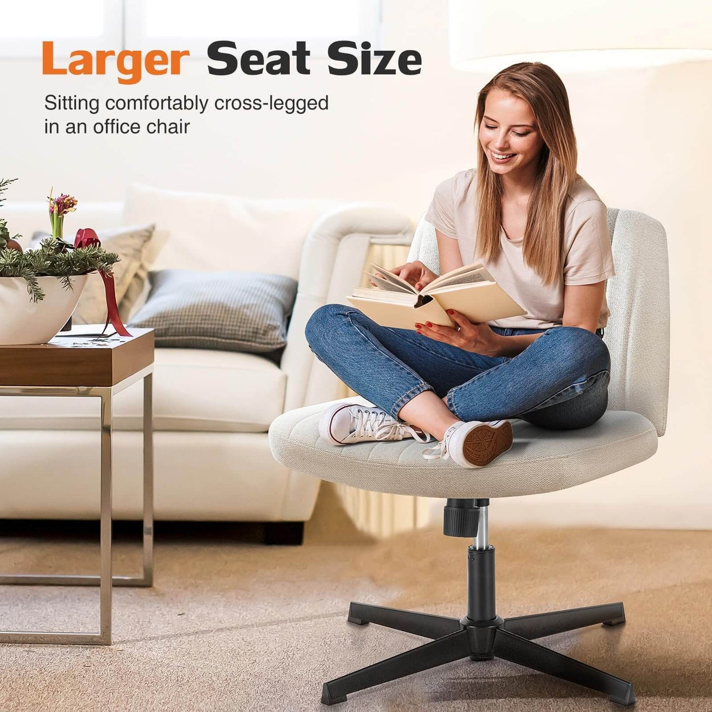 Cross-Legged Office Chair – Armless, Height Adjustable, Swivel & Rocking Desk Chair for Home or Office, Comfortable Cushion, Non-Slip Base