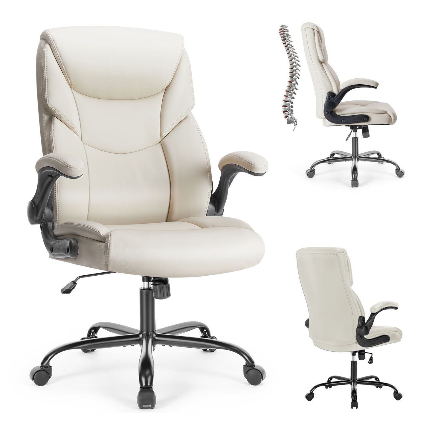 Leather Office Chair – Ergonomic High-Back Executive Chair with Flip-Up Armrests, Waterproof PU Upholstery, and 360° Rotating Wheels, Perfect for Home or Office