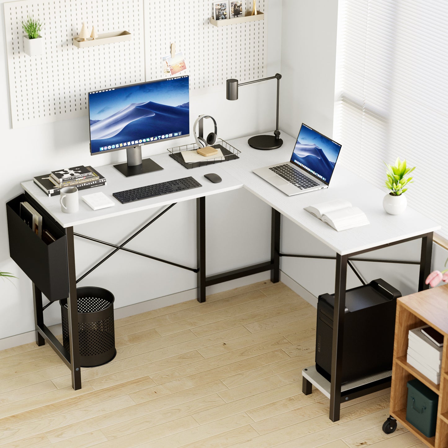 L-Shaped Computer Desk – 49 Inch Corner Desk with Metal Frame, Wooden Desktop, Storage & Side Pocket, Available in Black, Rustic, Grey, and White