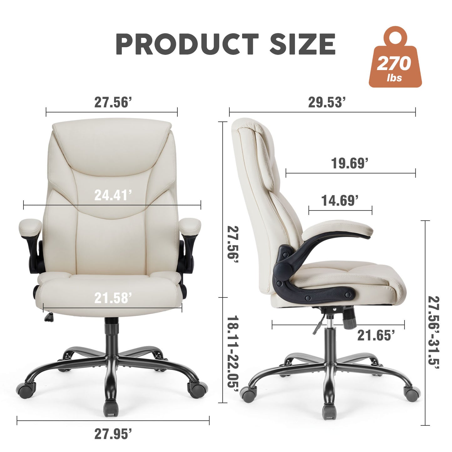 Leather Office Chair – Ergonomic High-Back Executive Chair with Flip-Up Armrests, Waterproof PU Upholstery, and 360° Rotating Wheels, Perfect for Home or Office