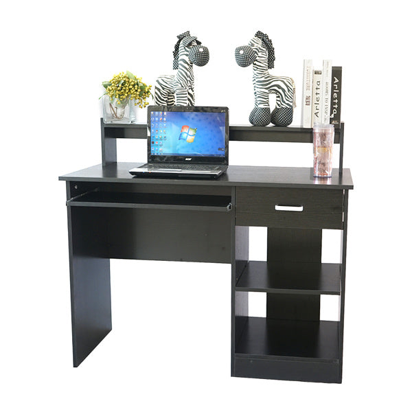 Modern E1 15MM Chipboard Computer Desk – One Drawer, Two Tiers with Keyboard Rack, Spacious Storage, Pure White/Black Finish for Study & Work