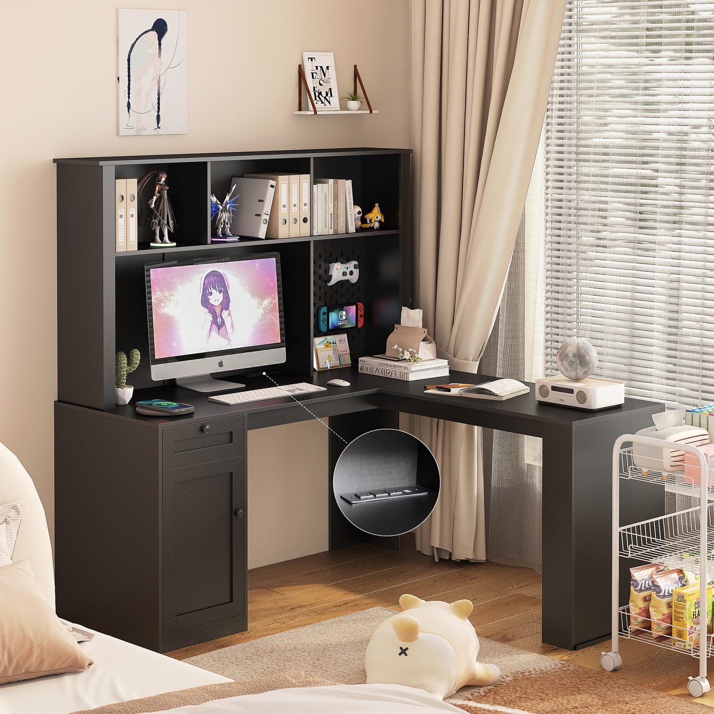 L-Shaped Desk with Charger, Computer Desk with Drawers & Bookshelf – Modern Corner Desk, Home Office Study Table, Carbon Fiber Gaming Desk with Storage, Black