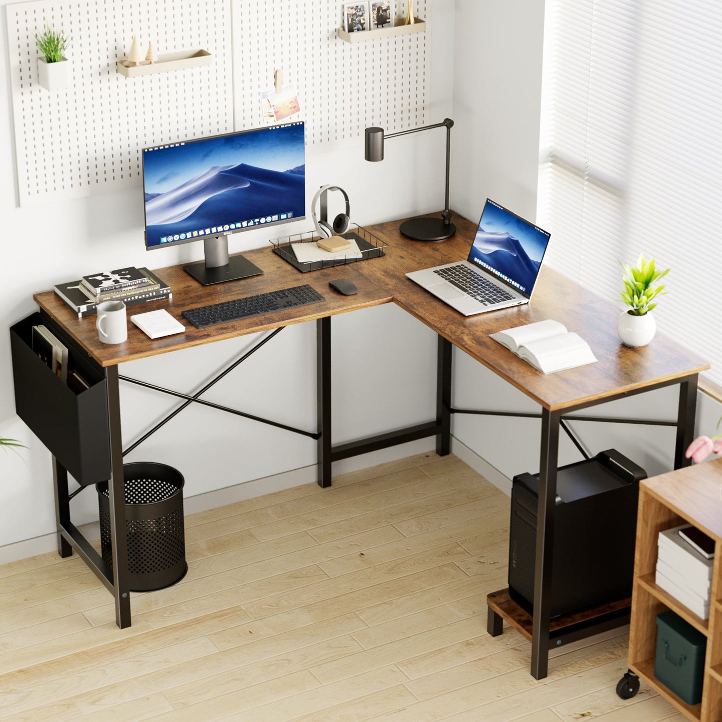 L-Shaped Computer Desk – 49 Inch Corner Desk with Metal Frame, Wooden Desktop, Storage & Side Pocket, Available in Black, Rustic, Grey, and White
