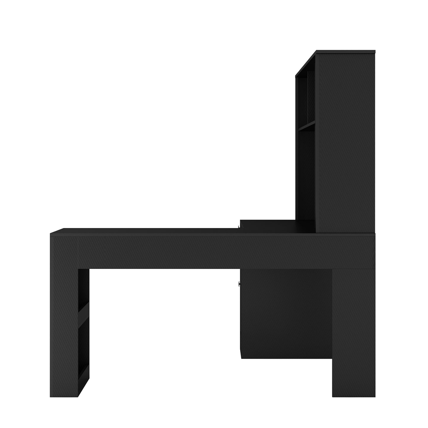 L-Shaped Desk with Charger, Computer Desk with Drawers & Bookshelf – Modern Corner Desk, Home Office Study Table, Carbon Fiber Gaming Desk with Storage, Black