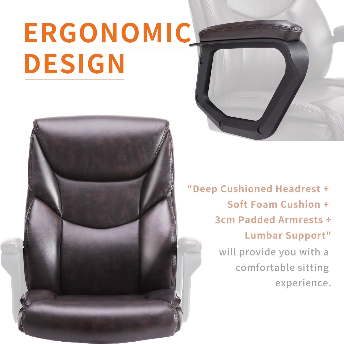 Leather Office Chair – Ergonomic High-Back Executive Chair with Flip-Up Armrests, Waterproof PU Upholstery, and 360° Rotating Wheels, Perfect for Home or Office