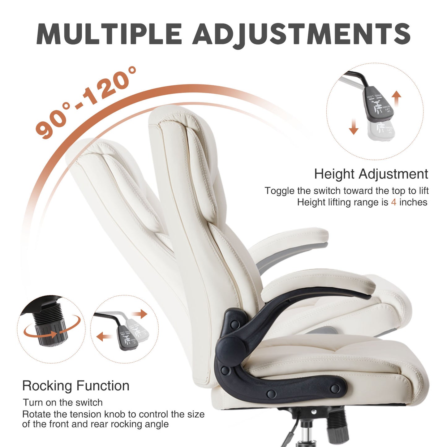 Leather Office Chair – Ergonomic High-Back Executive Chair with Flip-Up Armrests, Waterproof PU Upholstery, and 360° Rotating Wheels, Perfect for Home or Office