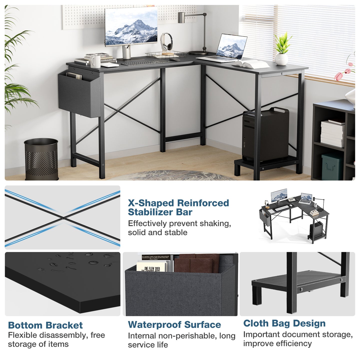 L-Shaped Computer Desk – 49 Inch Corner Desk with Metal Frame, Wooden Desktop, Storage & Side Pocket, Available in Black, Rustic, Grey, and White
