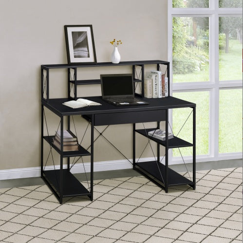 Black Office Desk with Hutch and Open Shelves – 47.5” Writing Desk with Drawer, Sled Base, and Storage Compartments for Home or Studio Use