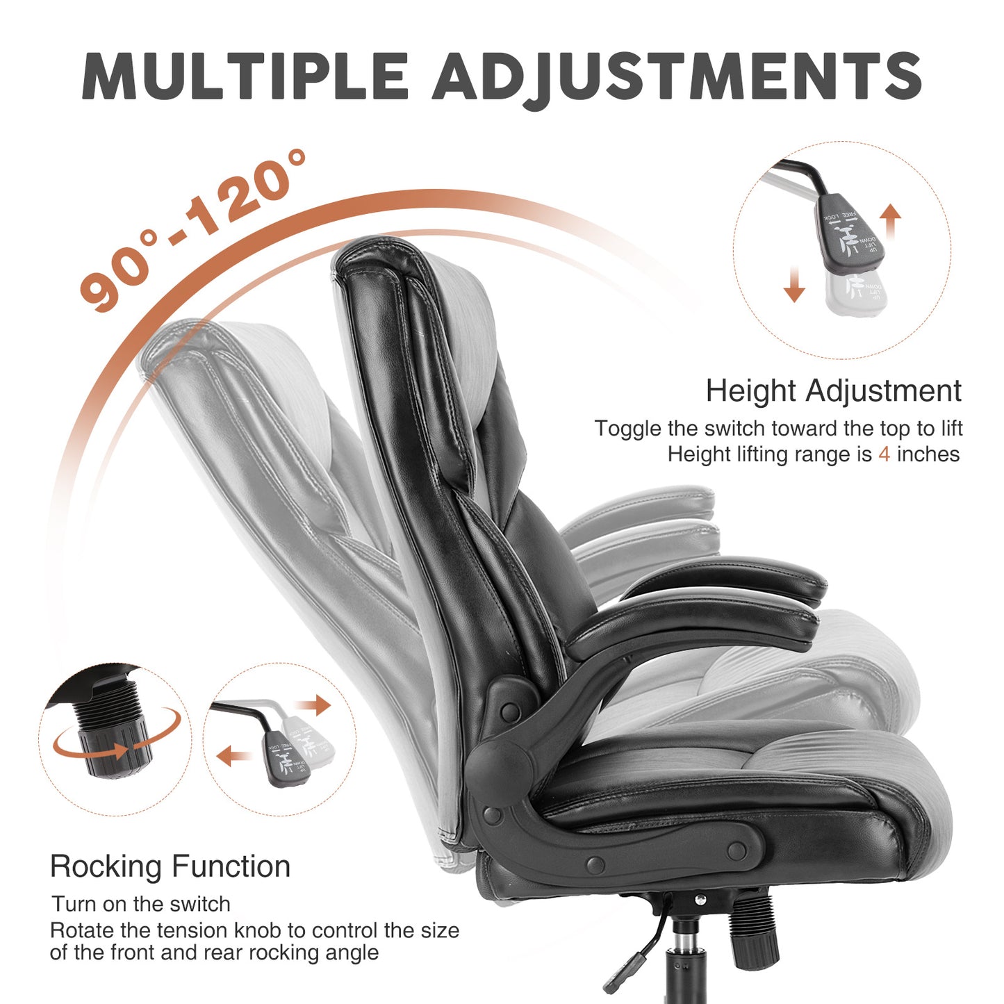 Leather Office Chair – Ergonomic High-Back Executive Chair with Flip-Up Armrests, Waterproof PU Upholstery, and 360° Rotating Wheels, Perfect for Home or Office