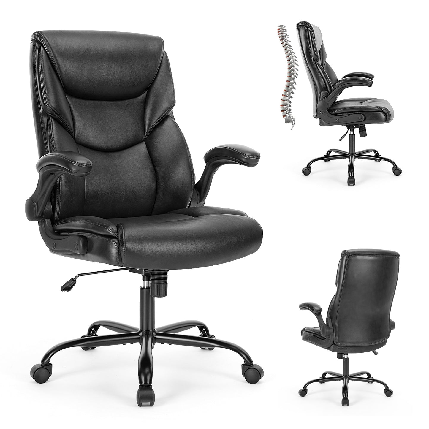 Leather Office Chair – Ergonomic High-Back Executive Chair with Flip-Up Armrests, Waterproof PU Upholstery, and 360° Rotating Wheels, Perfect for Home or Office