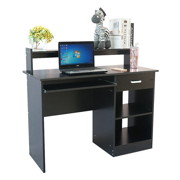 Modern E1 15MM Chipboard Computer Desk – One Drawer, Two Tiers with Keyboard Rack, Spacious Storage, Pure White/Black Finish for Study & Work