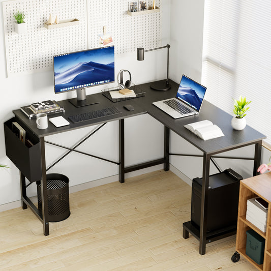 L-Shaped Computer Desk – 49 Inch Corner Desk with Metal Frame, Wooden Desktop, Storage & Side Pocket, Available in Black, Rustic, Grey, and White