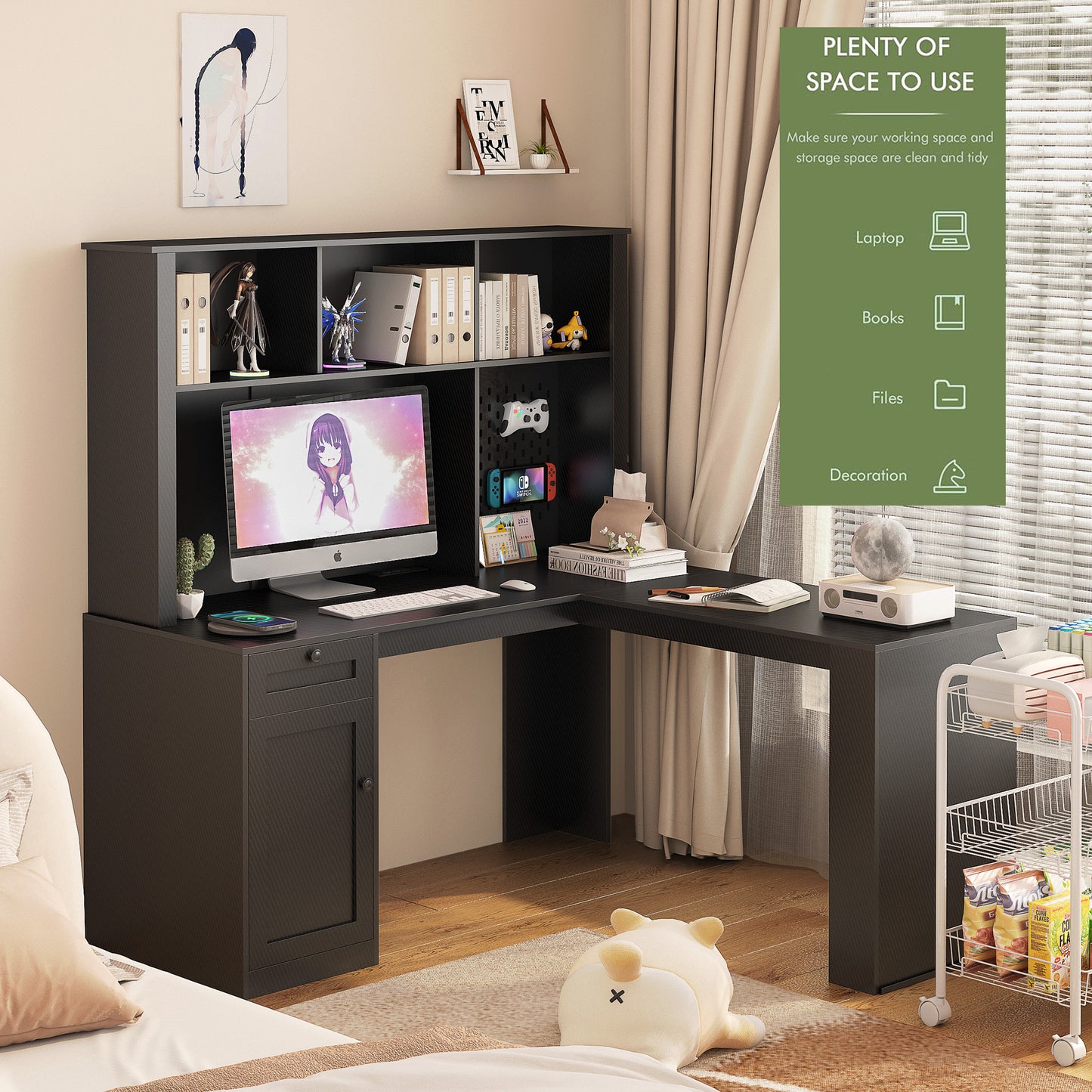 L-Shaped Desk with Charger, Computer Desk with Drawers & Bookshelf – Modern Corner Desk, Home Office Study Table, Carbon Fiber Gaming Desk with Storage, Black