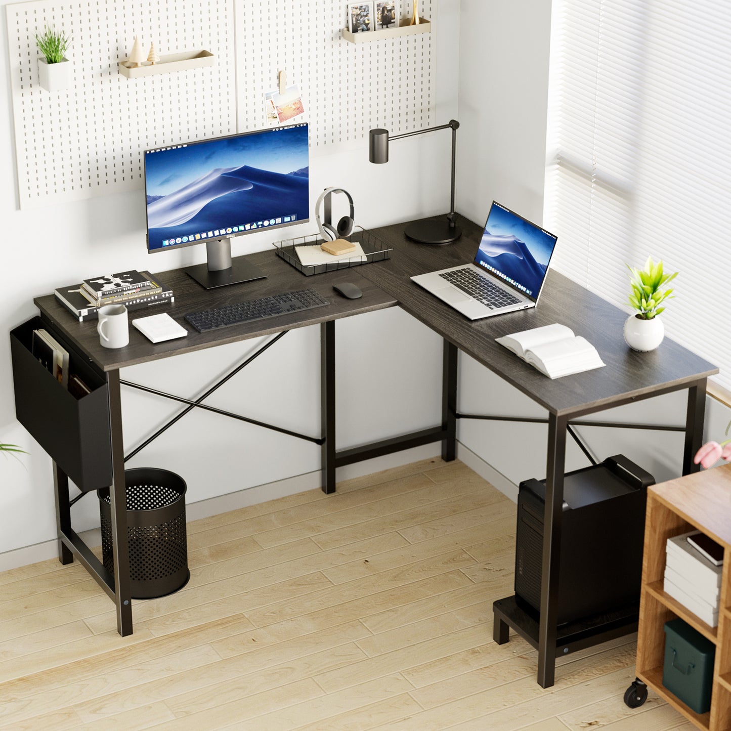 L-Shaped Computer Desk – 49 Inch Corner Desk with Metal Frame, Wooden Desktop, Storage & Side Pocket, Available in Black, Rustic, Grey, and White