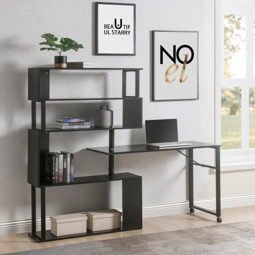 Home Office Computer Desk, L-Shaped Corner Table with 5 Bookshelves & Lockable Casters – Modern, Rotating, Adjustable Desk, Black