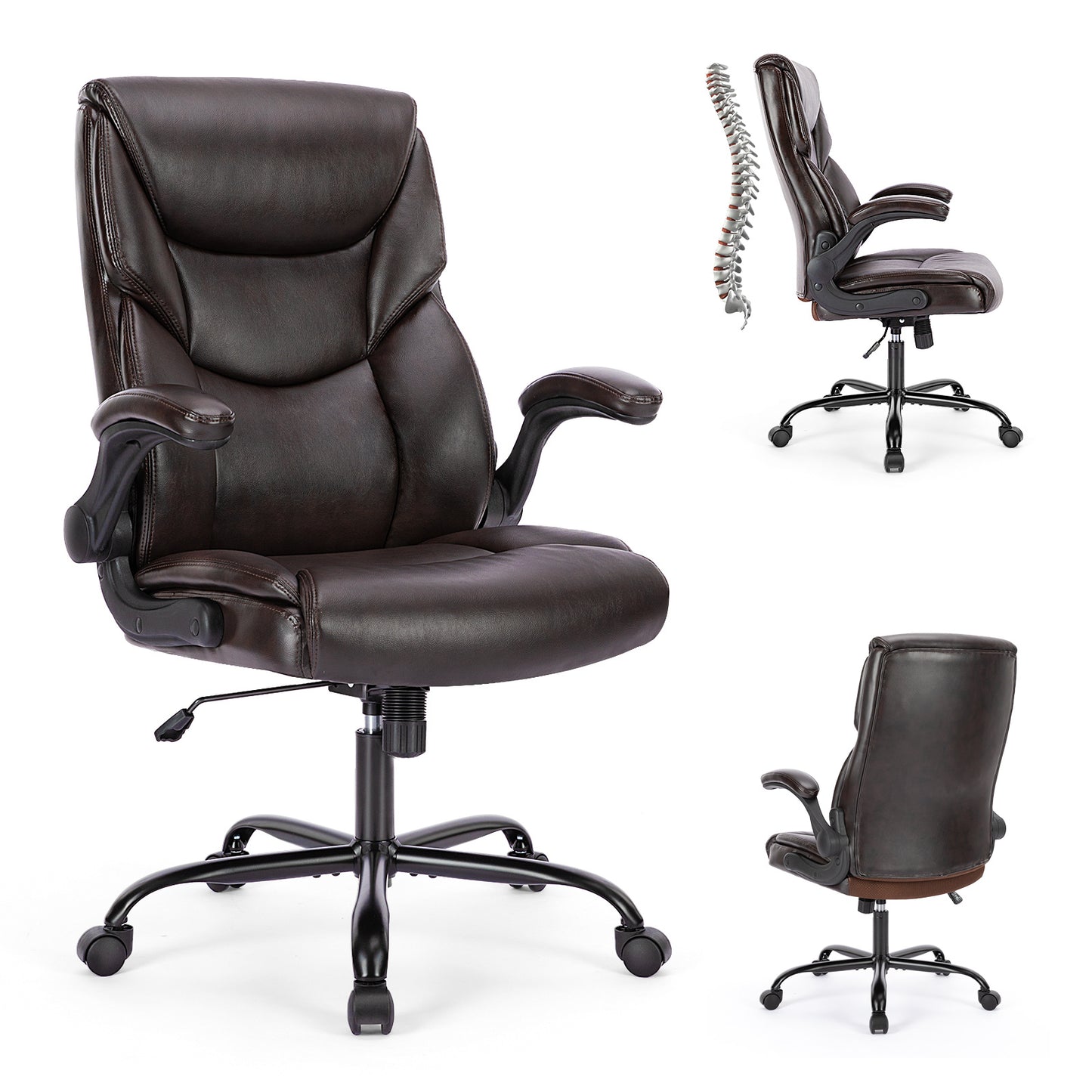 Leather Office Chair – Ergonomic High-Back Executive Chair with Flip-Up Armrests, Waterproof PU Upholstery, and 360° Rotating Wheels, Perfect for Home or Office