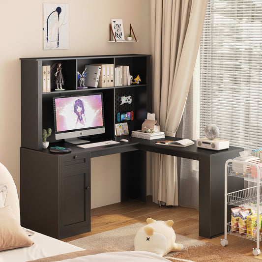 L-Shaped Desk with Charger, Computer Desk with Drawers & Bookshelf – Modern Corner Desk, Home Office Study Table, Carbon Fiber Gaming Desk with Storage, Black