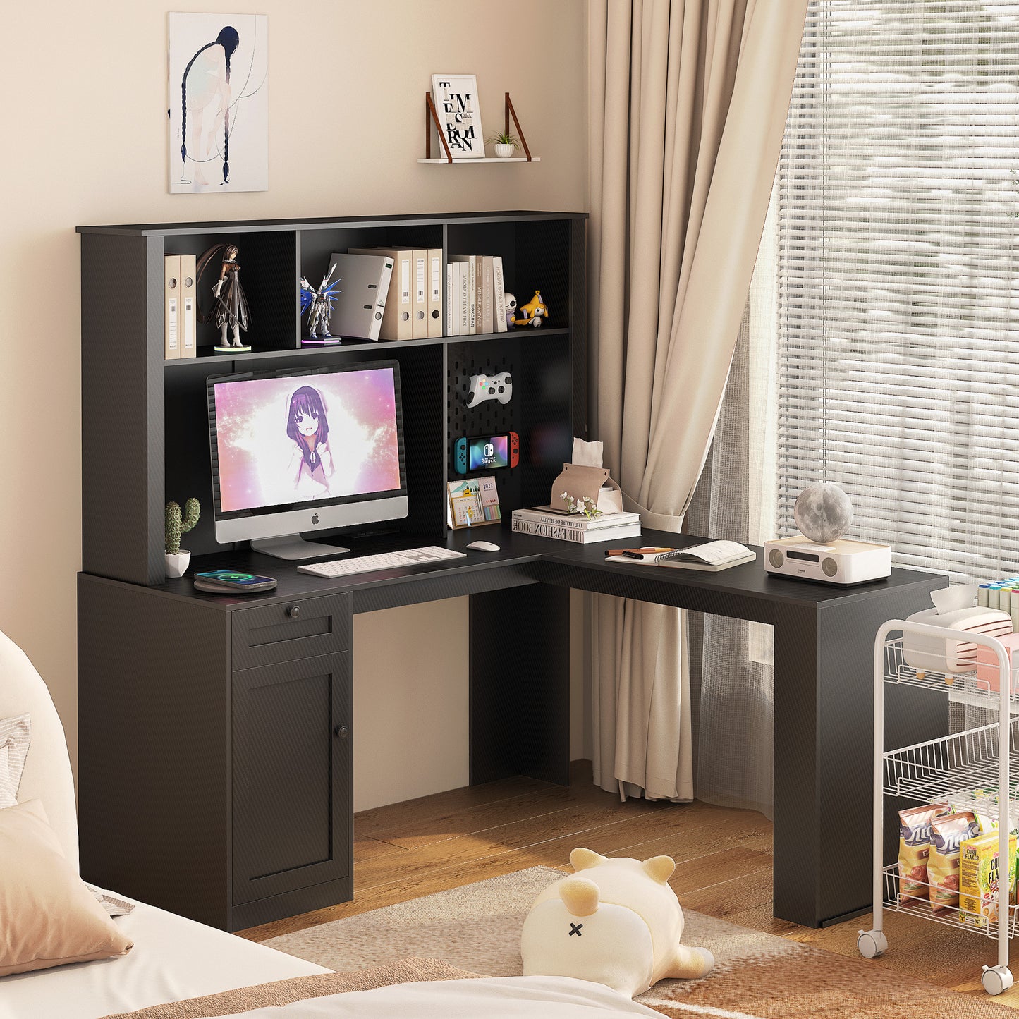 L-Shaped Desk with Charger, Computer Desk with Drawers & Bookshelf – Modern Corner Desk, Home Office Study Table, Carbon Fiber Gaming Desk with Storage, Black