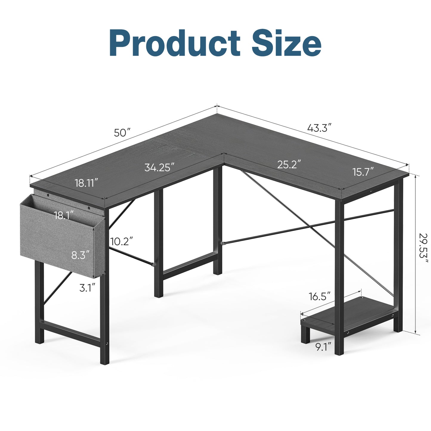 L-Shaped Computer Desk – 49 Inch Corner Desk with Metal Frame, Wooden Desktop, Storage & Side Pocket, Available in Black, Rustic, Grey, and White