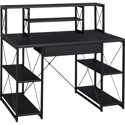 Black Office Desk with Hutch and Open Shelves – 47.5” Writing Desk with Drawer, Sled Base, and Storage Compartments for Home or Studio Use