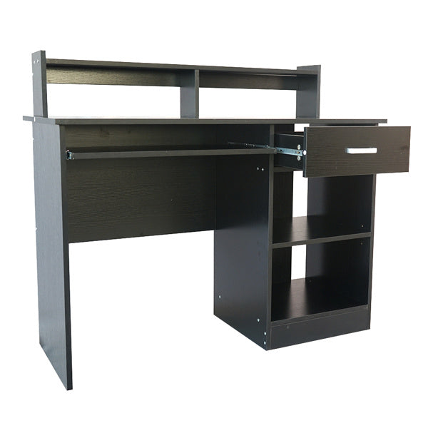 Modern E1 15MM Chipboard Computer Desk – One Drawer, Two Tiers with Keyboard Rack, Spacious Storage, Pure White/Black Finish for Study & Work