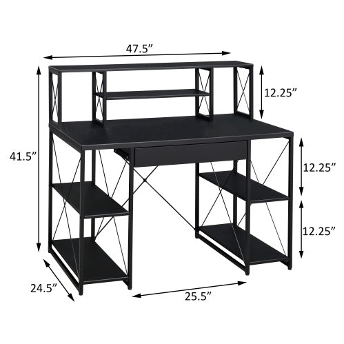 Black Office Desk with Hutch and Open Shelves – 47.5” Writing Desk with Drawer, Sled Base, and Storage Compartments for Home or Studio Use