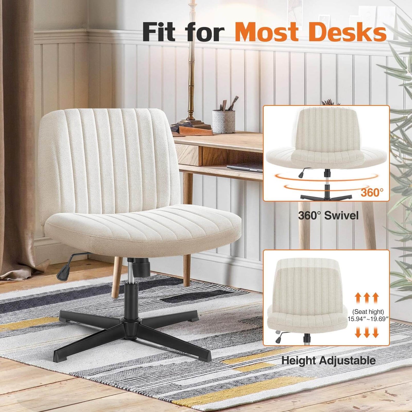Cross-Legged Office Chair – Armless, Height Adjustable, Swivel & Rocking Desk Chair for Home or Office, Comfortable Cushion, Non-Slip Base