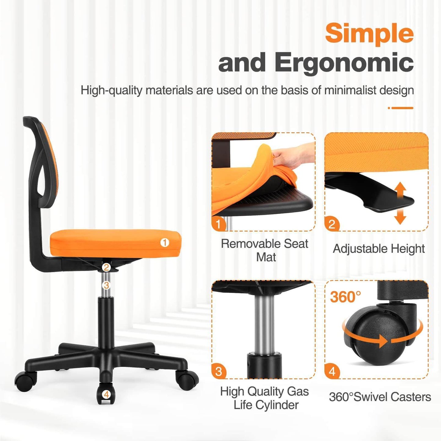 Low Back Mesh Armless Office Chair – Ergonomic, Adjustable, Space-Saving Desk Chair for Home or Study in Multiple Colors