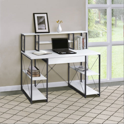 Black Office Desk with Hutch and Open Shelves – 47.5” Writing Desk with Drawer, Sled Base, and Storage Compartments for Home or Studio Use